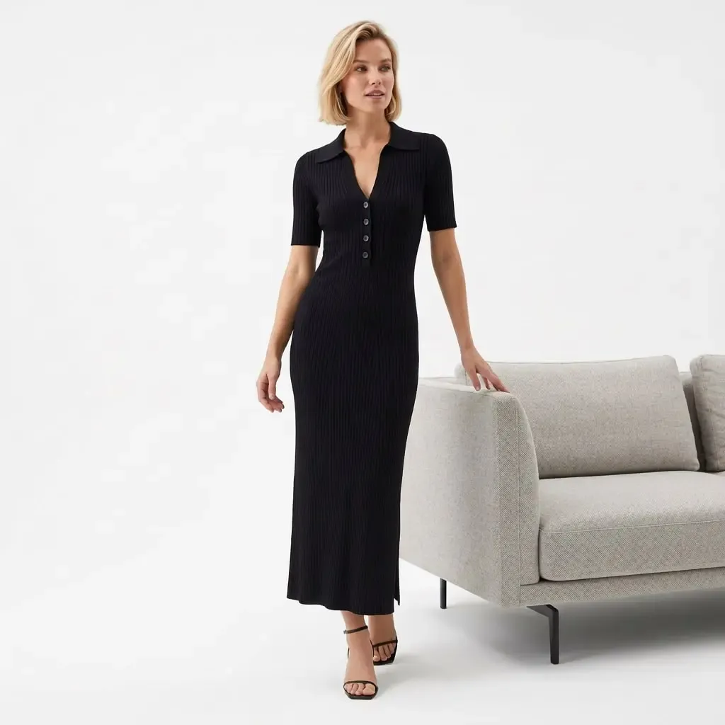 Kadın Polo Yaka Düğme Detay Kaşkorse Viskon Triko Elbise