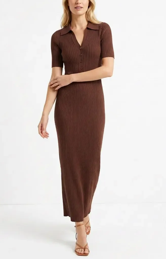 Kadın Polo Yaka Düğme Detay Kaşkorse Viskon Triko Elbise