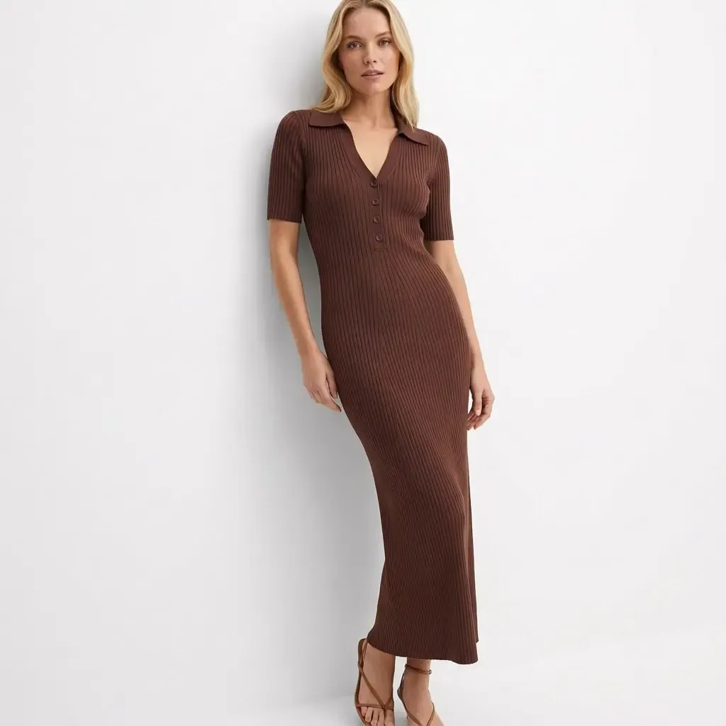 Kadın Polo Yaka Düğme Detay Kaşkorse Viskon Triko Elbise