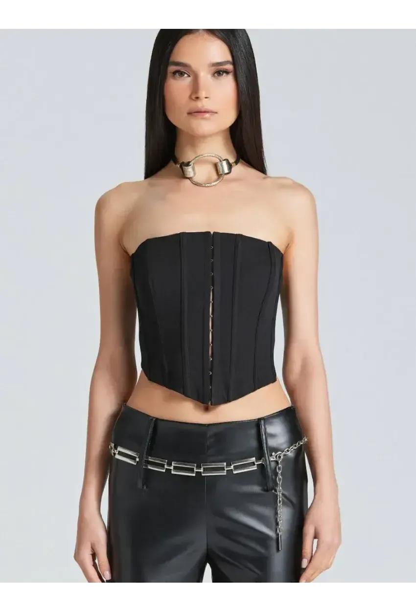 Kadın Şık Korse Crop Top - Straplez Düğmeli Büstiyer Siyah