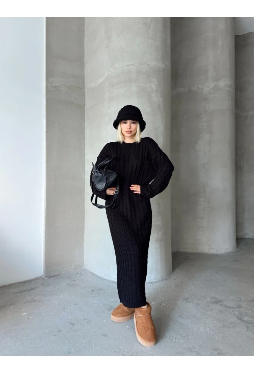 Kadın Siyah Bisiklet Yaka Saç Örgülü Kadın Triko Midi Elbise