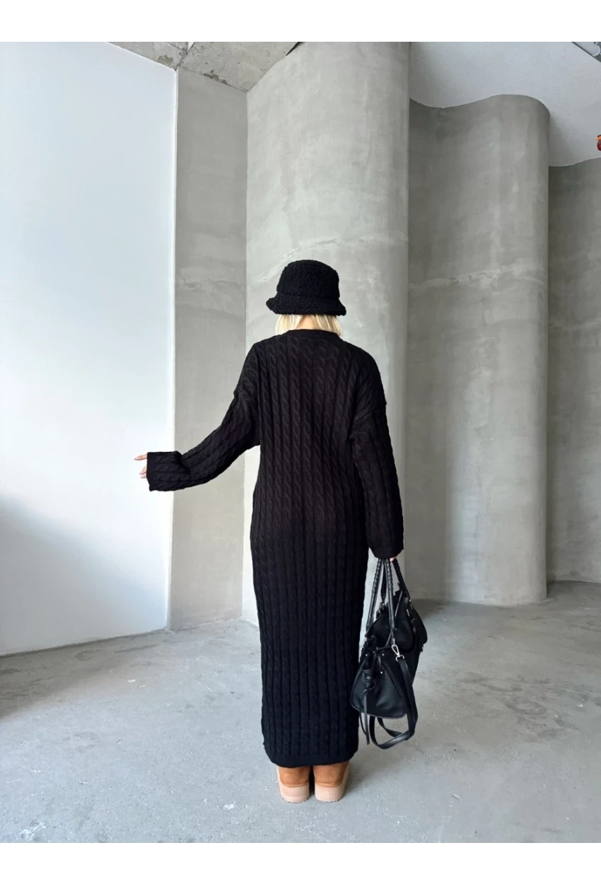 Kadın Siyah Bisiklet Yaka Saç Örgülü Kadın Triko Midi Elbise