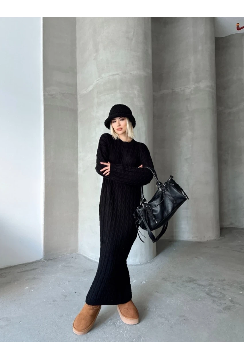 Kadın Siyah Bisiklet Yaka Saç Örgülü Kadın Triko Midi Elbise