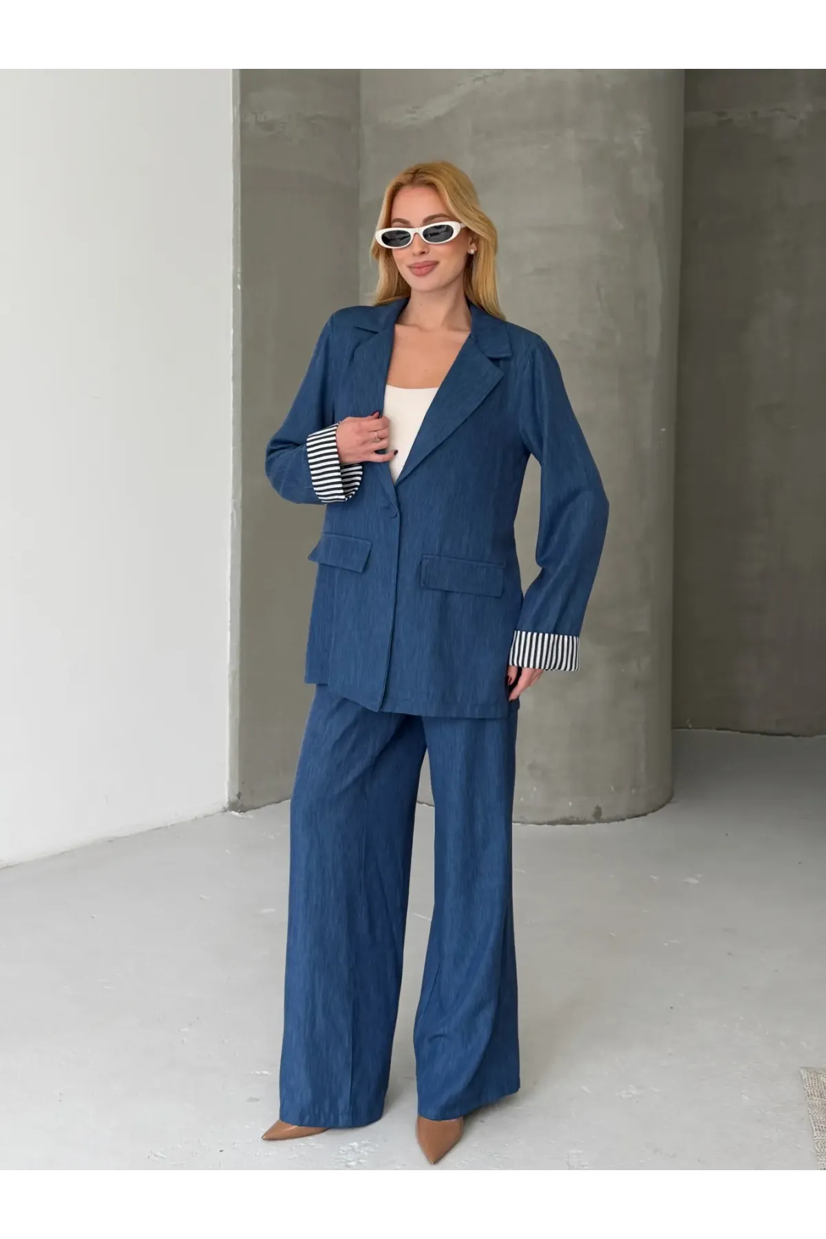 Kadın Tensel Kumaş Blazer Ceket Pantolon Takım