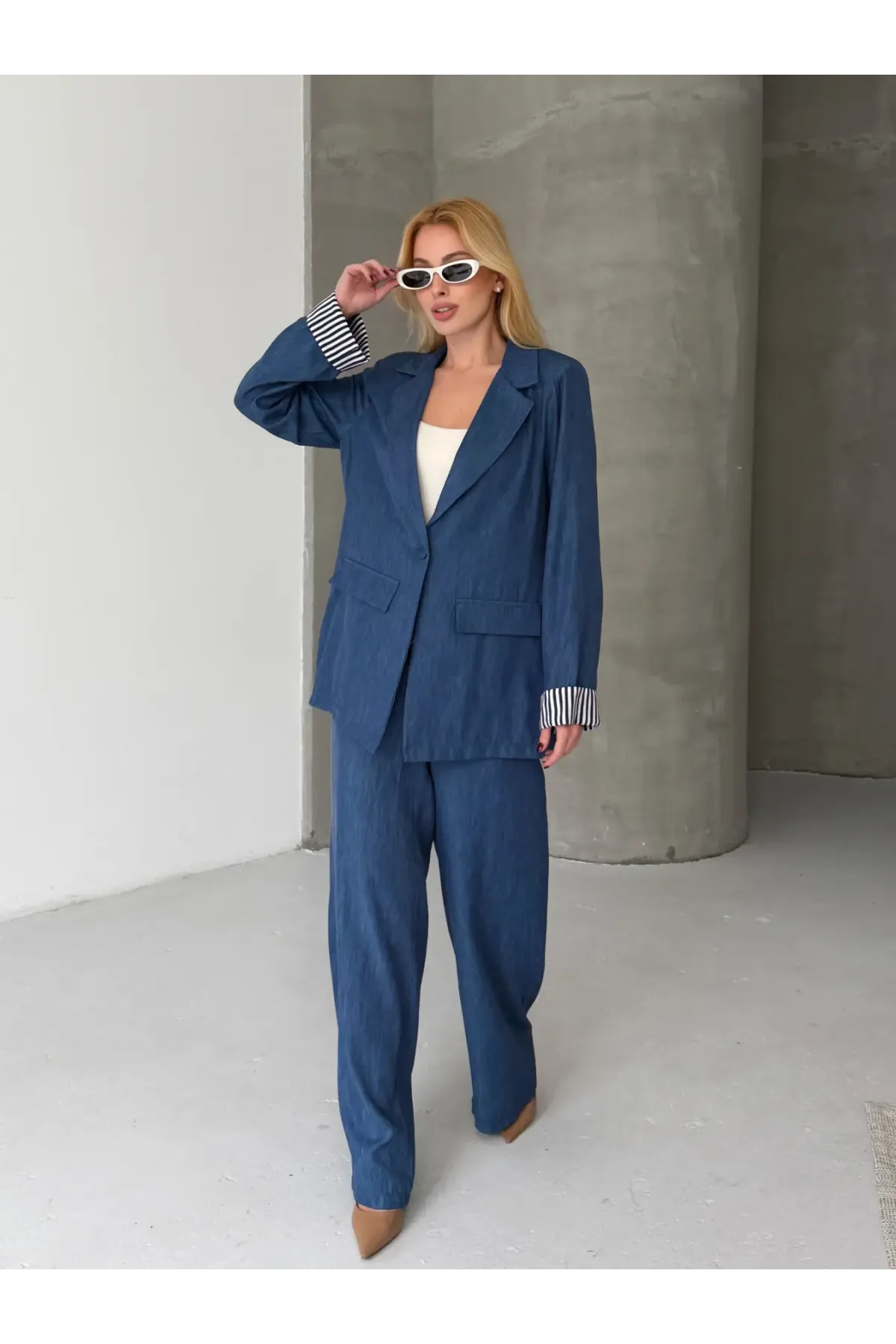 Kadın Tensel Kumaş Blazer Ceket Pantolon Takım