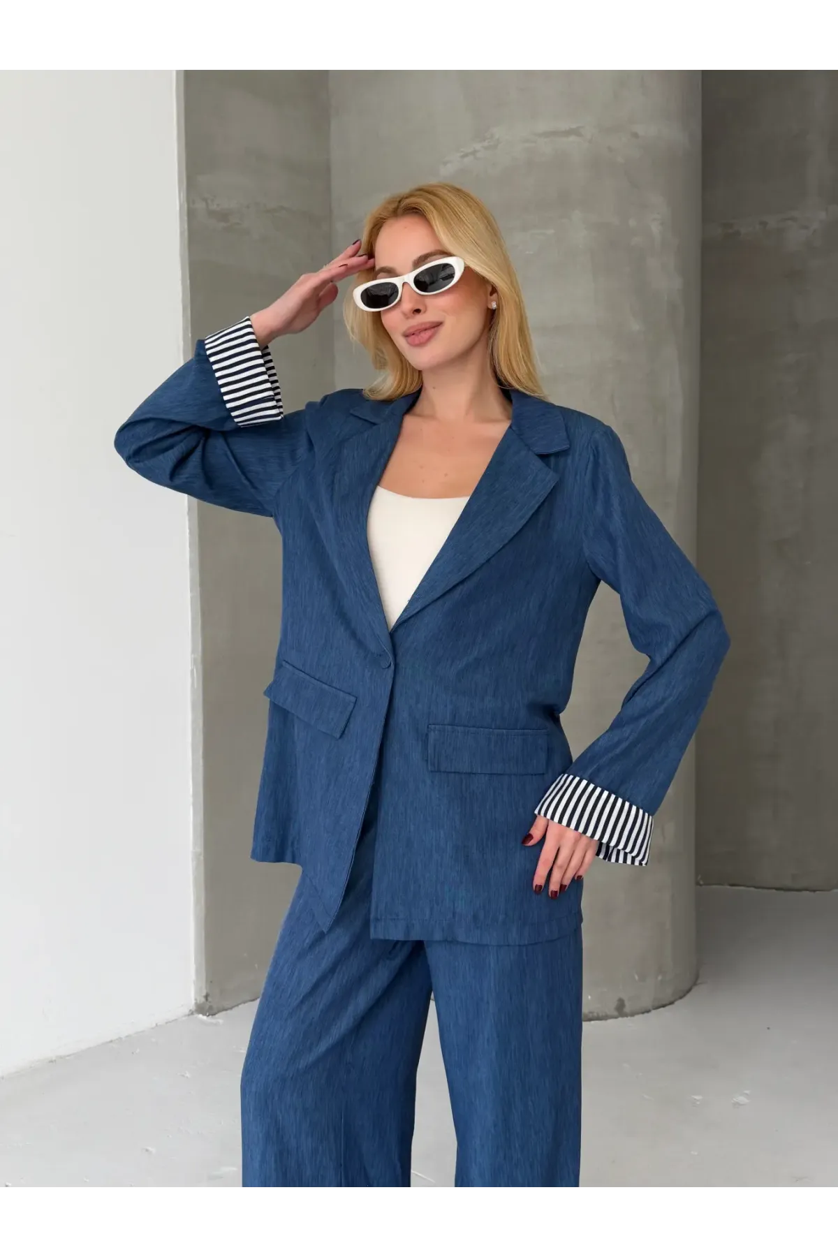 Kadın Tensel Kumaş Blazer Ceket Pantolon Takım