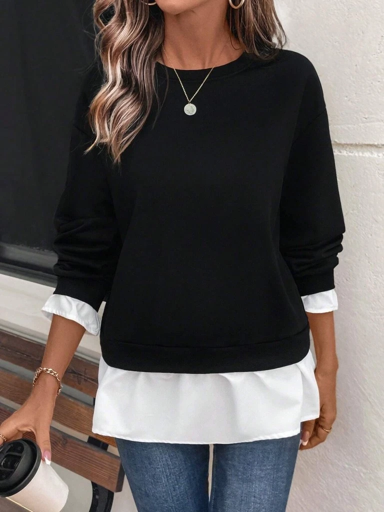 Kadın Uzun Kollu Bisiklet Yaka Viskon Iki Iplik Ve Etek Ucu Trikoton Bluz