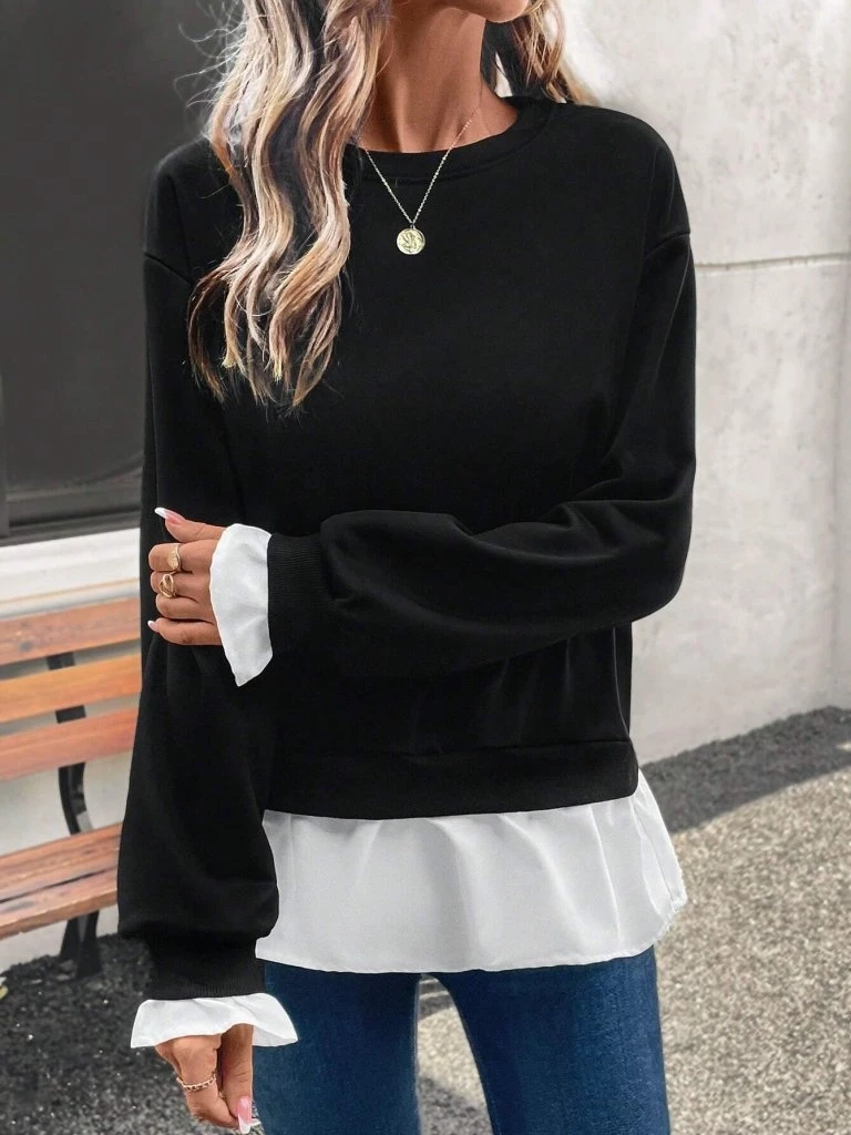 Kadın Uzun Kollu Bisiklet Yaka Viskon Iki Iplik Ve Etek Ucu Trikoton Bluz