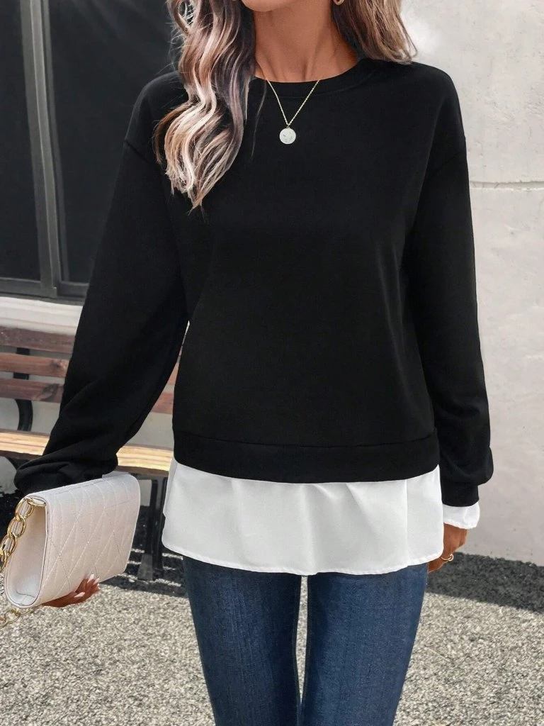 Kadın Uzun Kollu Bisiklet Yaka Viskon Iki Iplik Ve Etek Ucu Trikoton Bluz