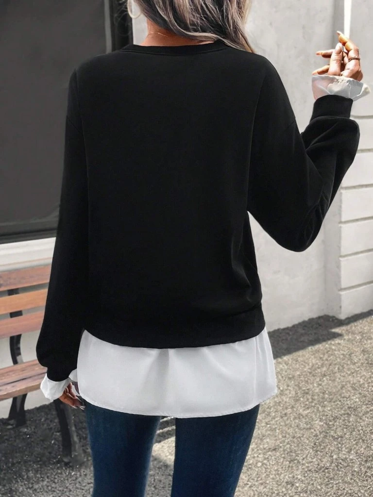 Kadın Uzun Kollu Bisiklet Yaka Viskon Iki Iplik Ve Etek Ucu Trikoton Bluz