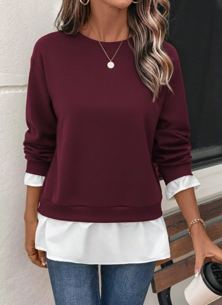 Kadın Uzun Kollu Bisiklet Yaka Viskon Iki Iplik Ve Etek Ucu Trikoton Bluz