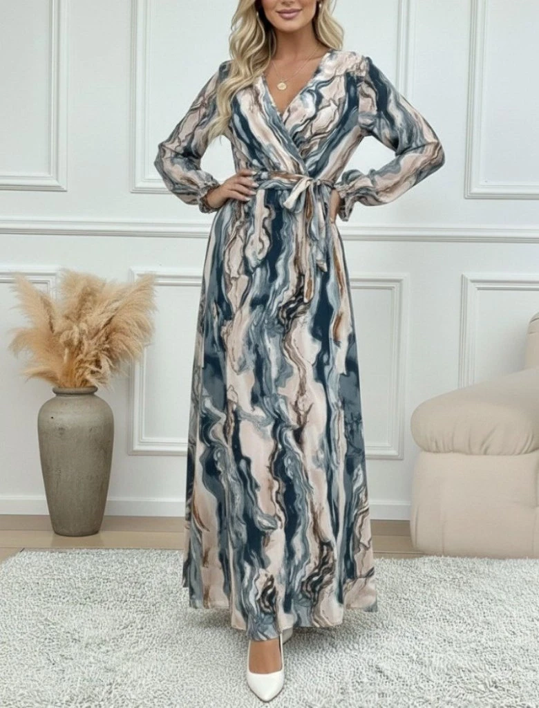 Kadın Uzun Kollu Kruvaze Yakalı Beli Kuşaklı Desenli Süprem Maxi Elbise