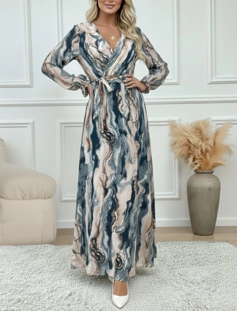 Kadın Uzun Kollu Kruvaze Yakalı Beli Kuşaklı Desenli Süprem Maxi Elbise