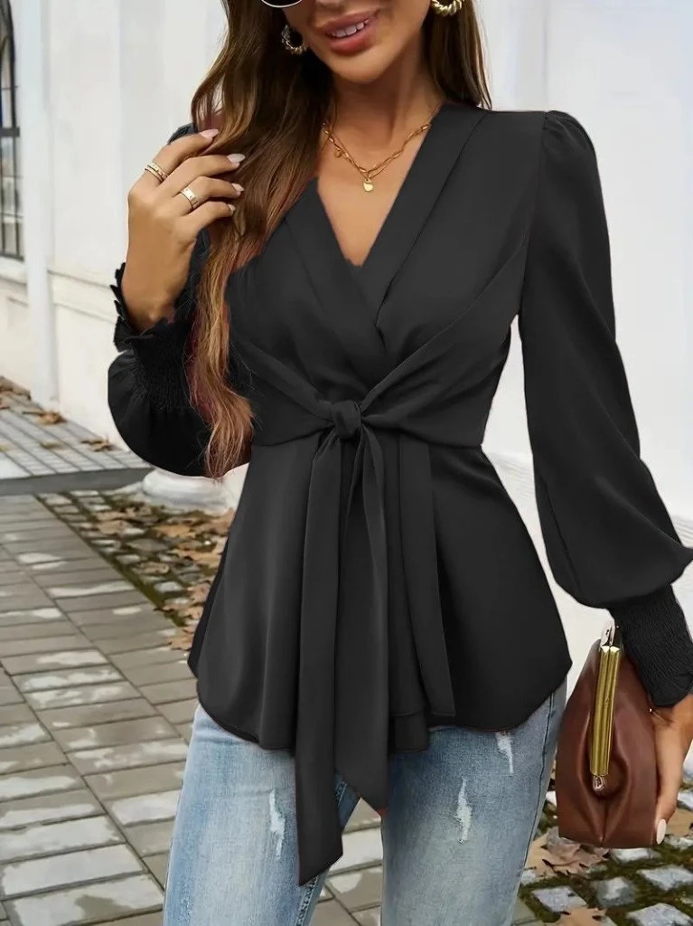 Uzun Kollu Kruvaze Yakalı önden Bağlamalı Ithal Krep Bluz