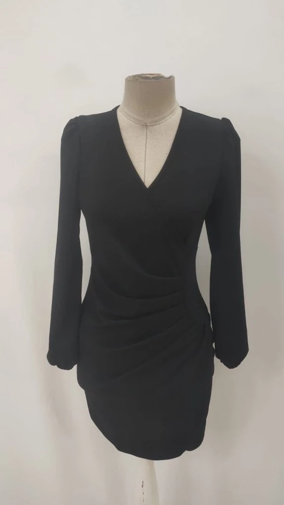 Kadın Uzun Kollu Kruvaze Yakalı Büzgü Detaylı Krep Kısa Elbise