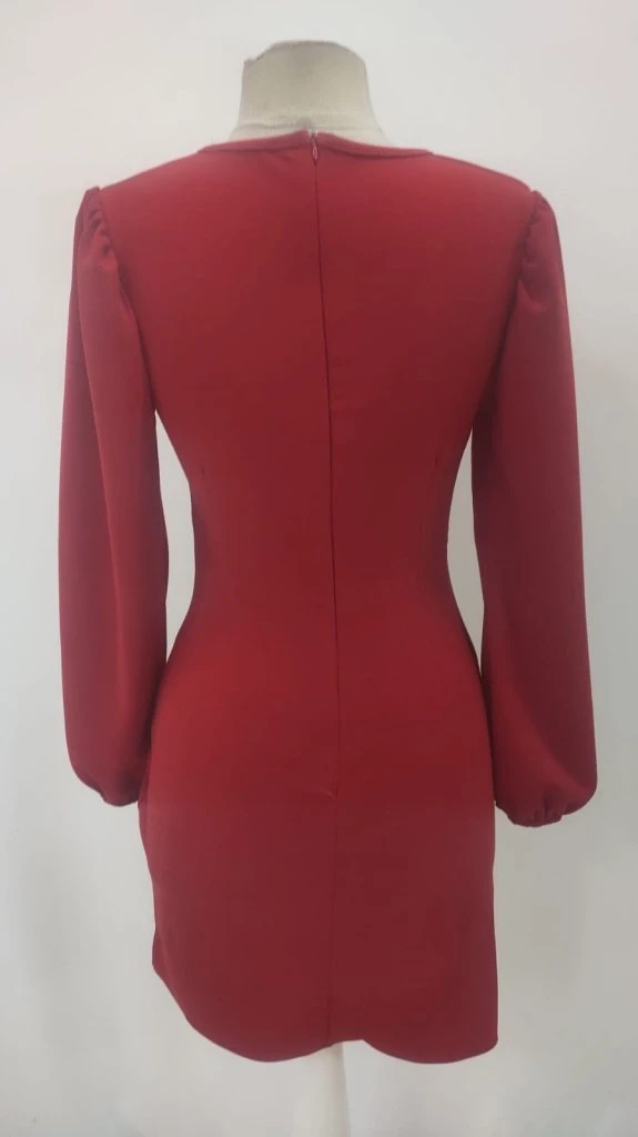 Kadın Uzun Kollu Kruvaze Yakalı Büzgü Detaylı Ithal Kısa Elbise