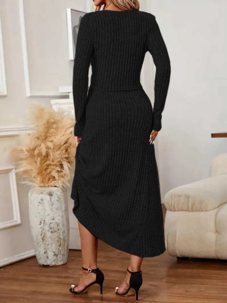 Uzun Kollu Düğmeli Bluz Uzun Etek Kaşkorse İkili Takım