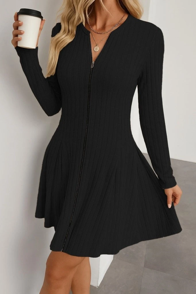 Uzun Kollu Fermuarlı Pileli Kaşkorse Mini Elbise