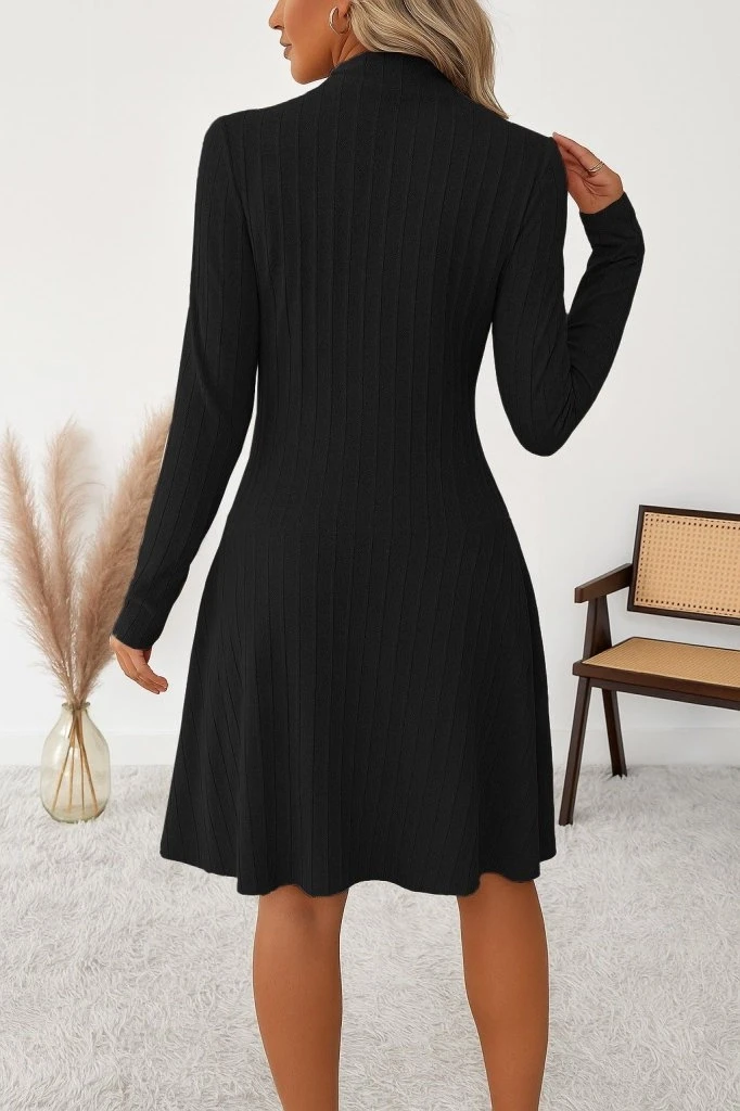 Uzun Kollu Fermuarlı Pileli Kaşkorse Mini Elbise