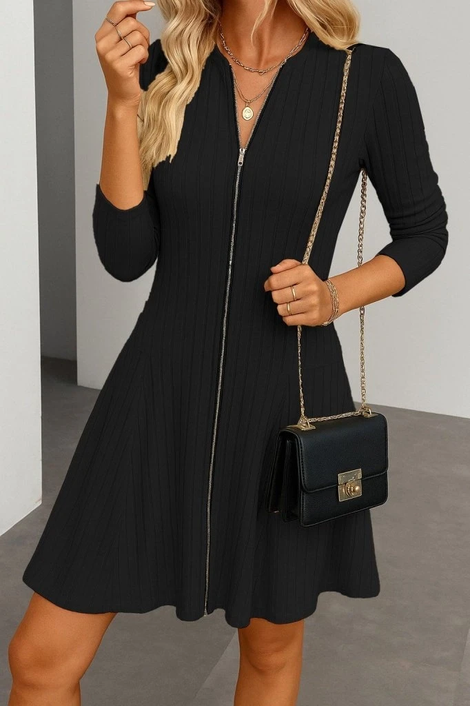 Uzun Kollu Fermuarlı Pileli Kaşkorse Mini Elbise