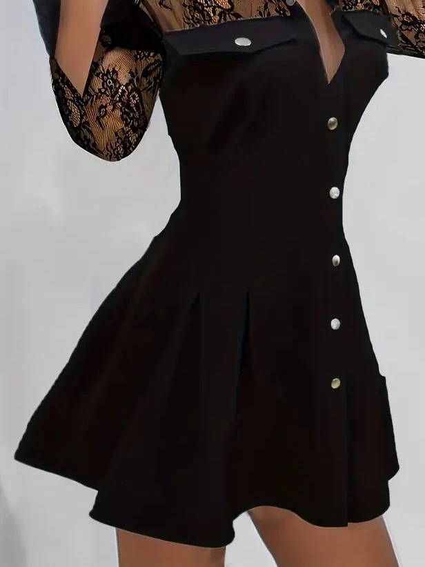 Uzun Kollu Yakalı önden Düğmeli Cep Detaylı Mini Modal Elbise