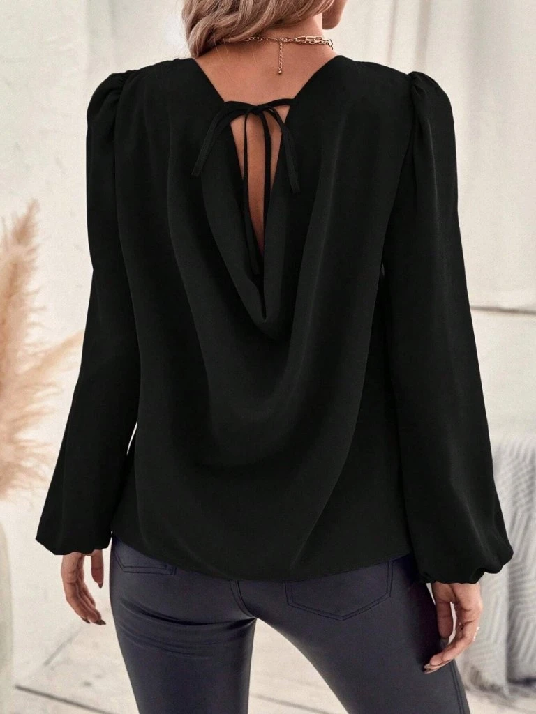Kadın Uzun Kollu Yuvarlak Yaka Arkadan Bağcıklı Salaş Ithal Krep Bluz