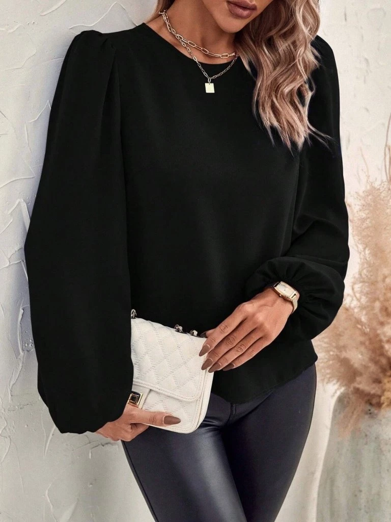 Kadın Uzun Kollu Yuvarlak Yaka Arkadan Bağcıklı Salaş Ithal Krep Bluz