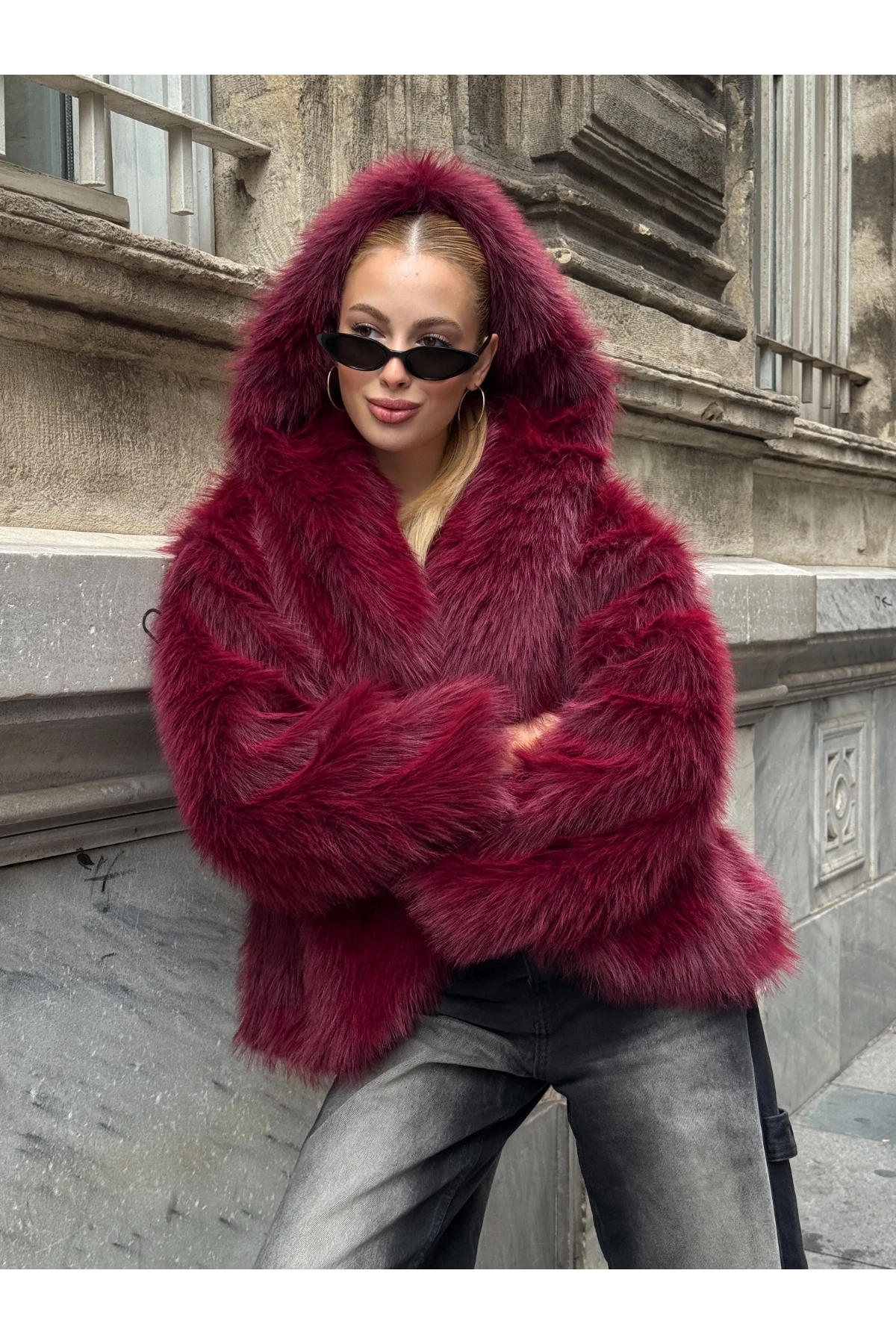 Kapşonlu Kürk Ceket Bordo