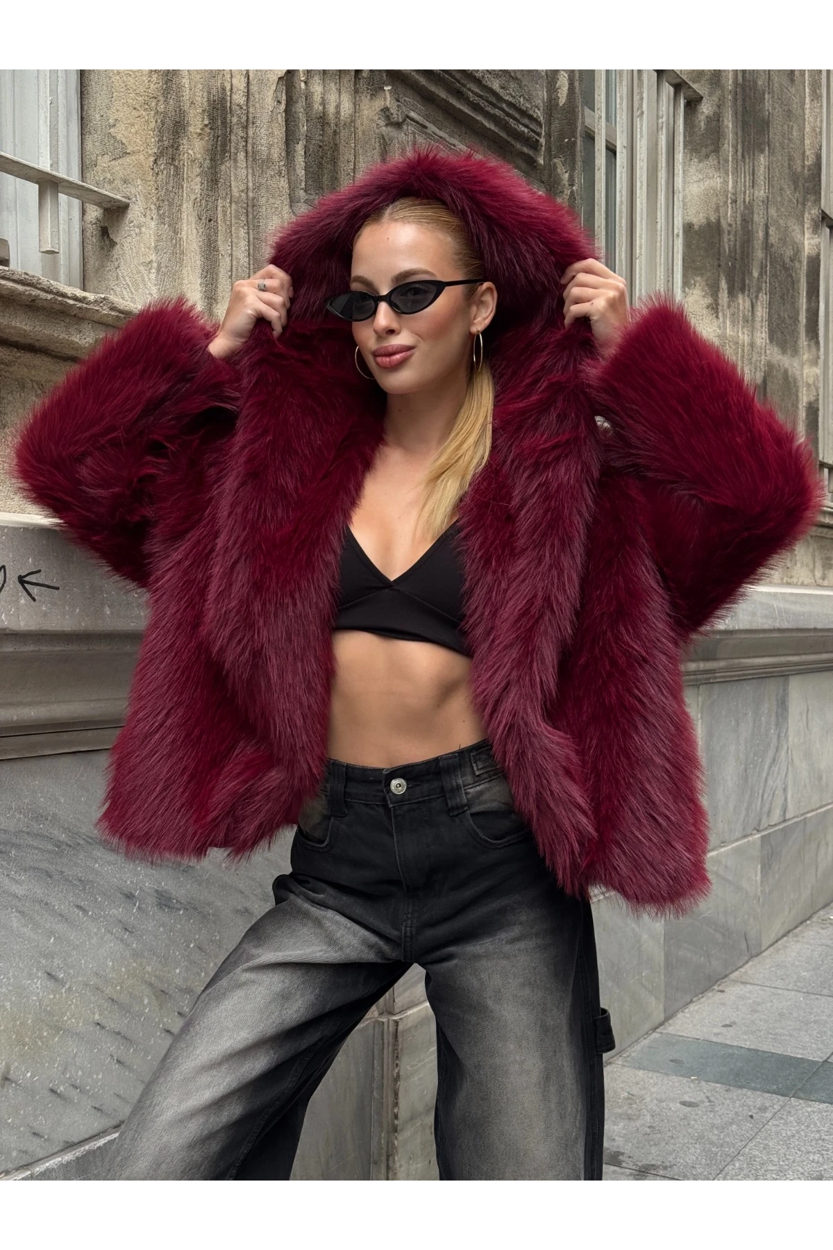 Kapşonlu Kürk Ceket Bordo