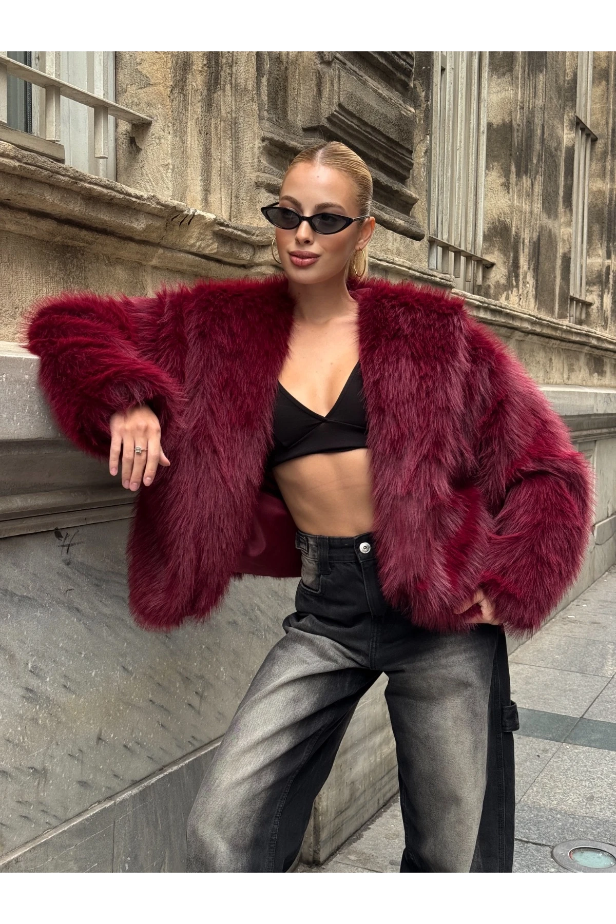 Kapşonlu Kürk Ceket Bordo