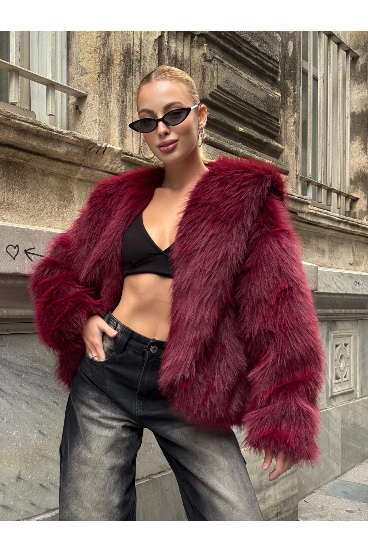Kapşonlu Kürk Ceket Bordo