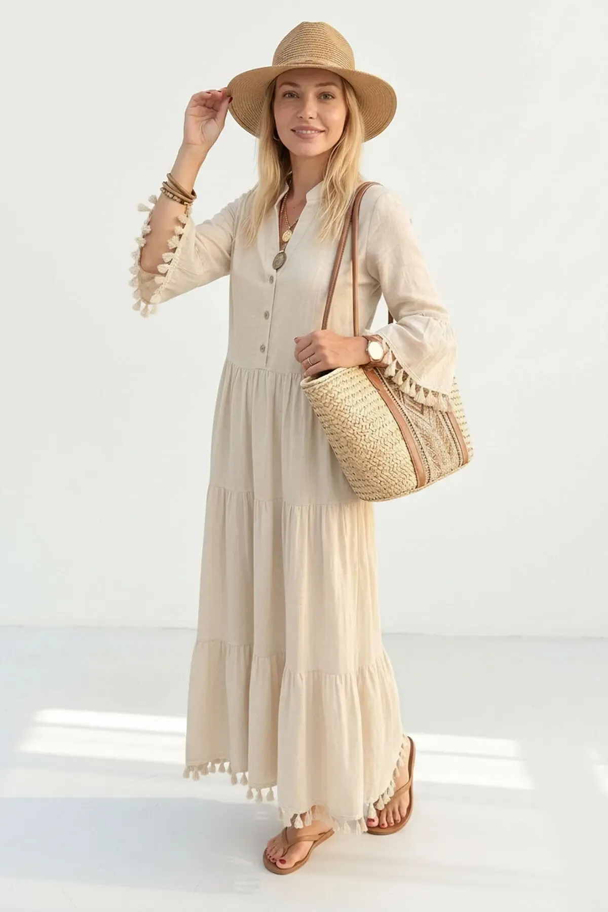 Keten Püskül Detaylı Maxi Boy Yazlık Elbise