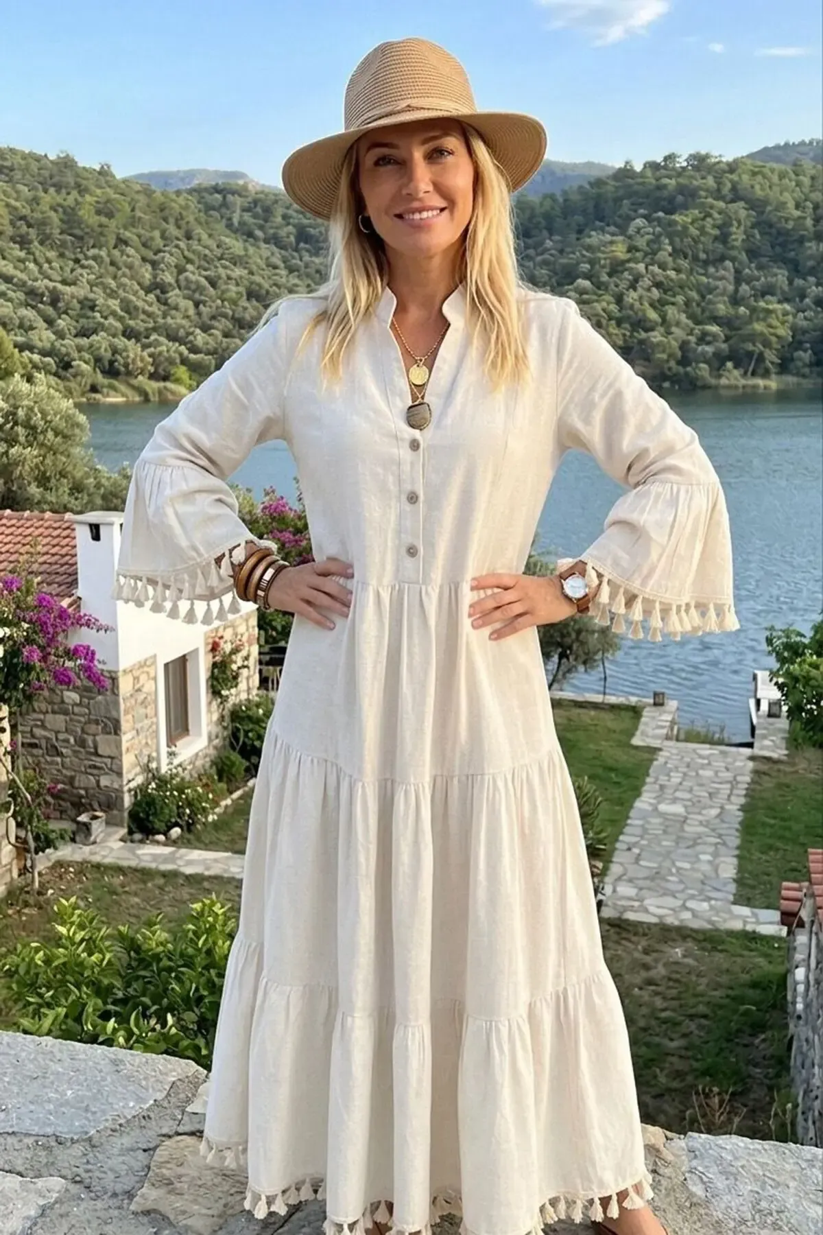 Keten Püskül Detaylı Maxi Boy Yazlık Elbise