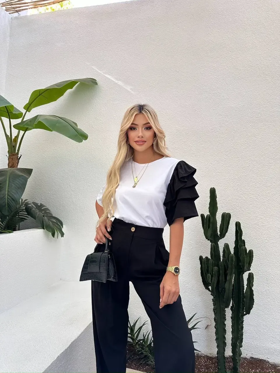 Kol Detay T-shirt ve Pantalon Alt Üst Takım Siyah