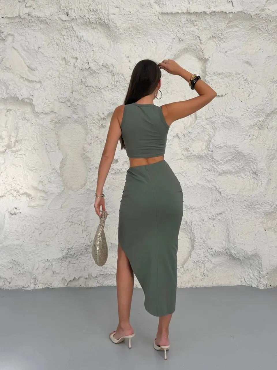 Kolsuz Crop Bluz ve Etek Alt Üst Takım Haki