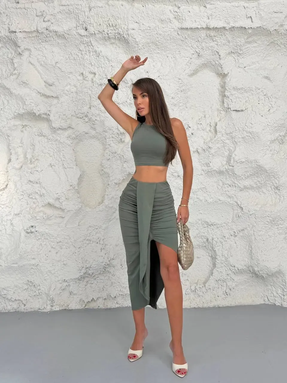 Kolsuz Crop Bluz ve Etek Alt Üst Takım Haki