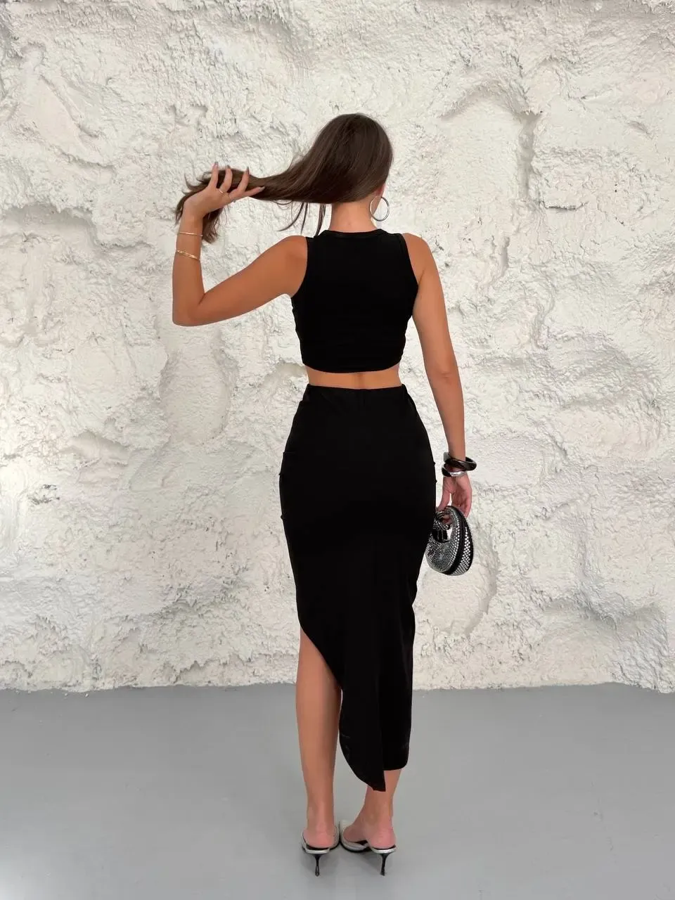 Kolsuz Crop Bluz ve Etek Alt Üst Takım Siyah