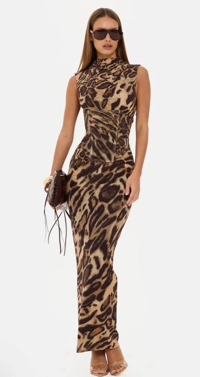 Korseli Balenli Maxi Boy Leopar Elbise