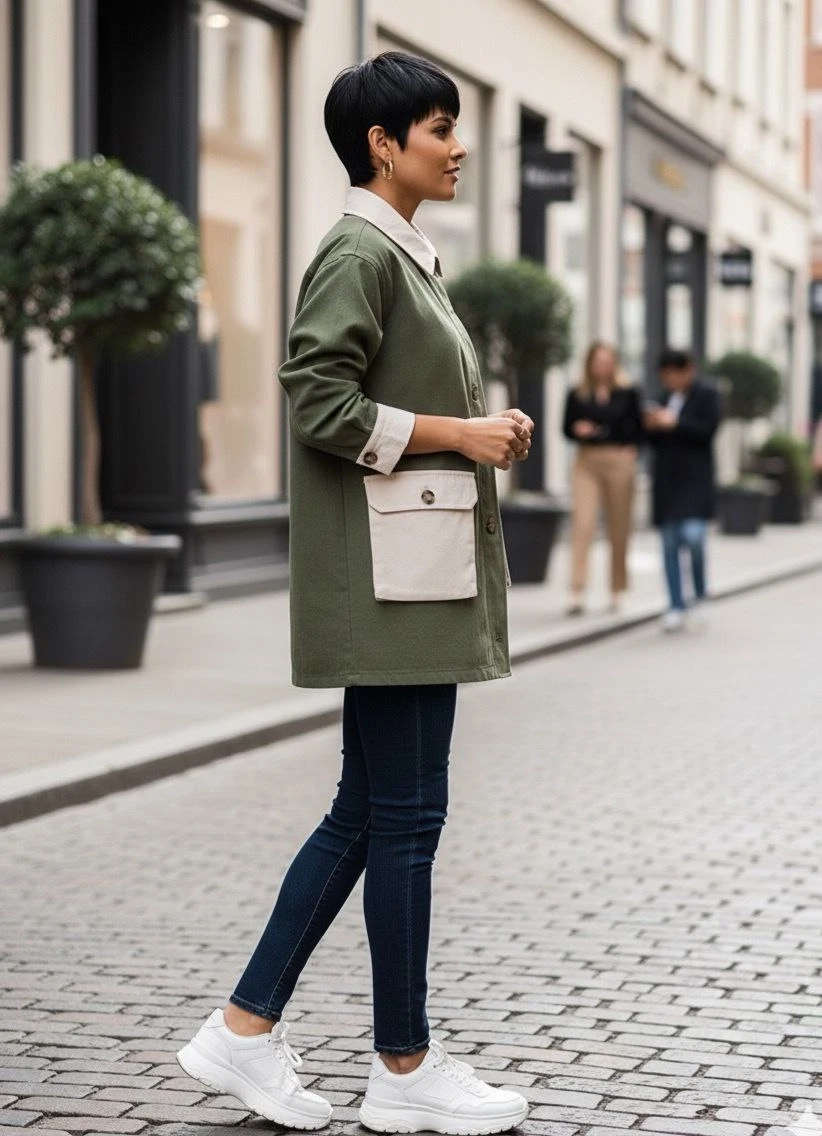 Körüklü Cep Detaylı Gabardin Ceket Yeşil