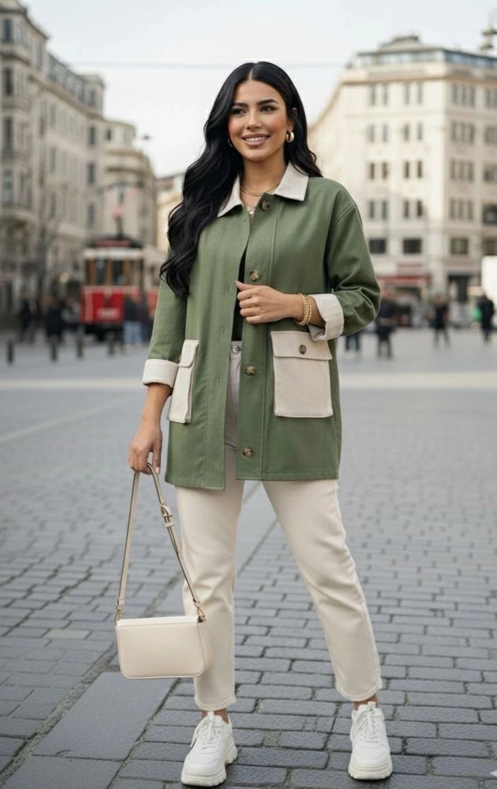 Körüklü Cep Detaylı Gabardin Ceket Yeşil