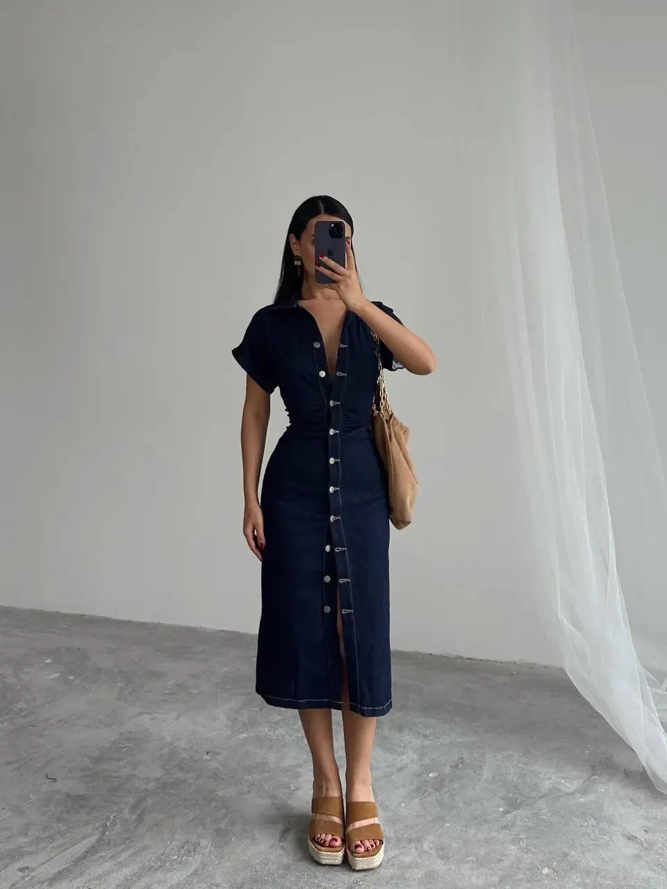 Koyu Lacivert Düğmeli Midi Boy Jean Elbise