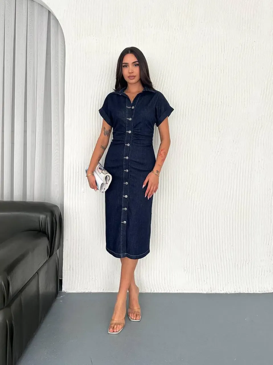 Koyu Lacivert Düğmeli Midi Boy Jean Elbise