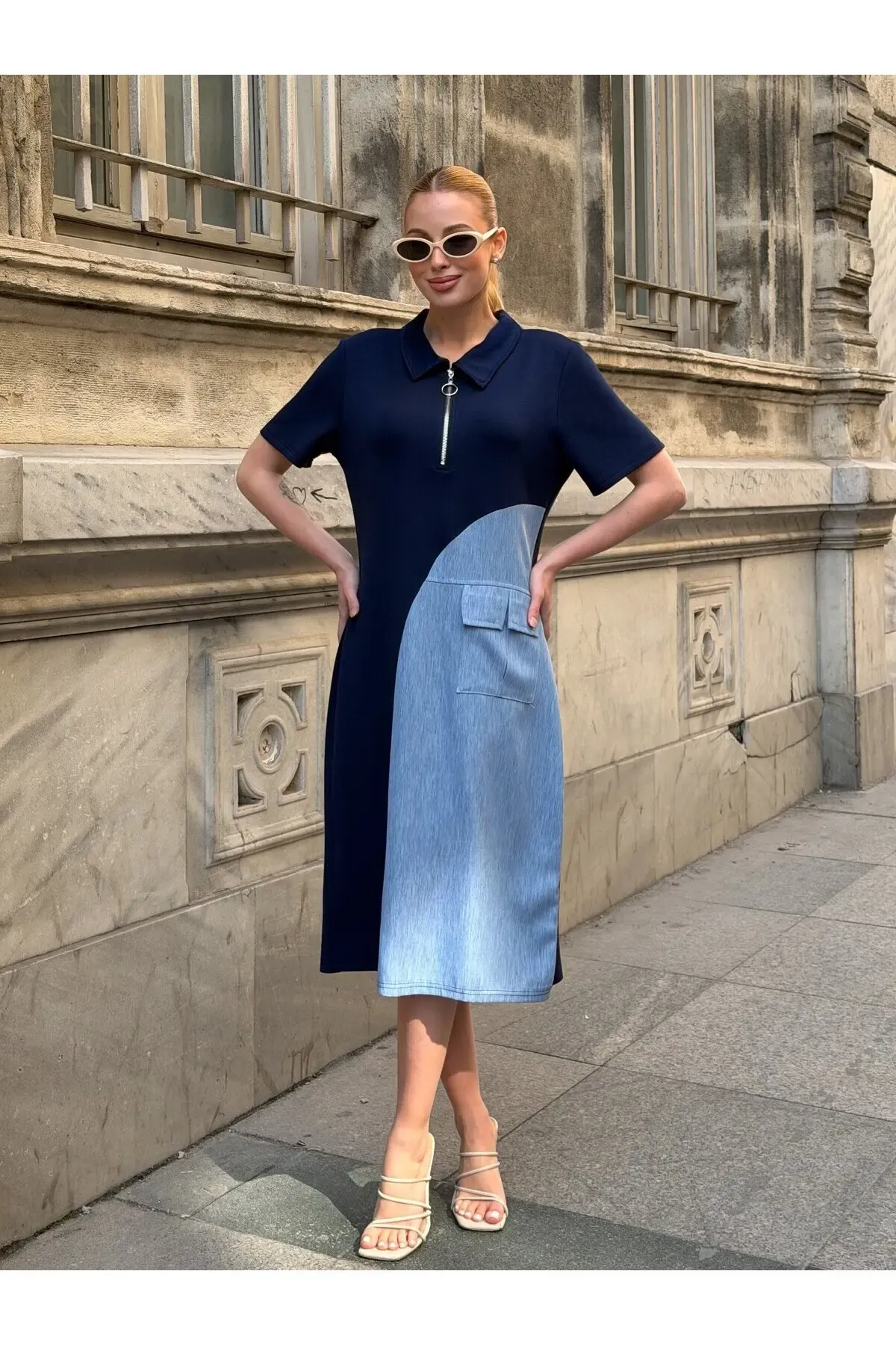Lacivert Fermuar Detay Modal ve Tensel Kumaş Elbise