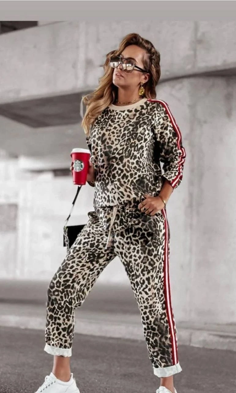 Leopar Desen Çizgili Şerit Detaylı Takım