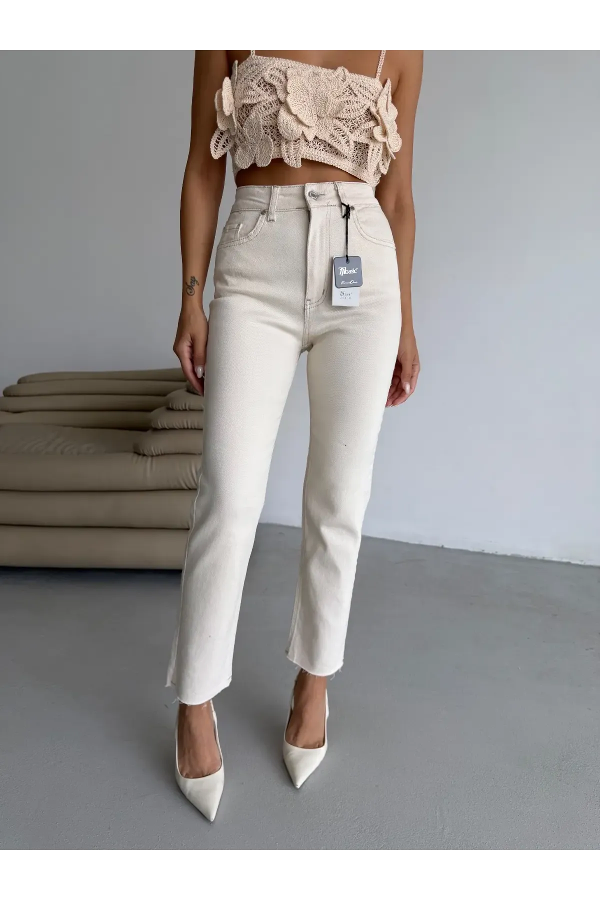 Likralı Boyfit Beyaz Jean