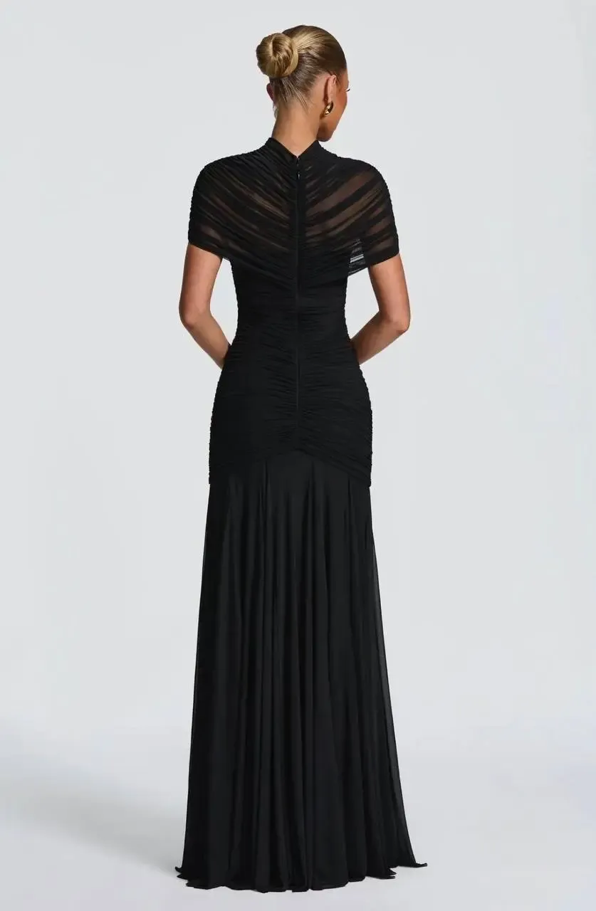 Likralı Tül Kumaş Astarlı Drape Detay Maxi Boy Elbise