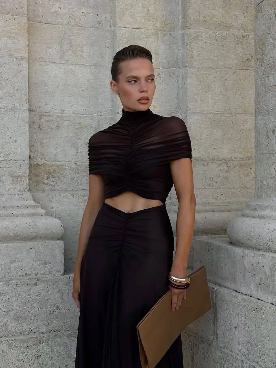 Likralı Tül Kumaş Astarlı Drape Detay Maxi Boy Elbise