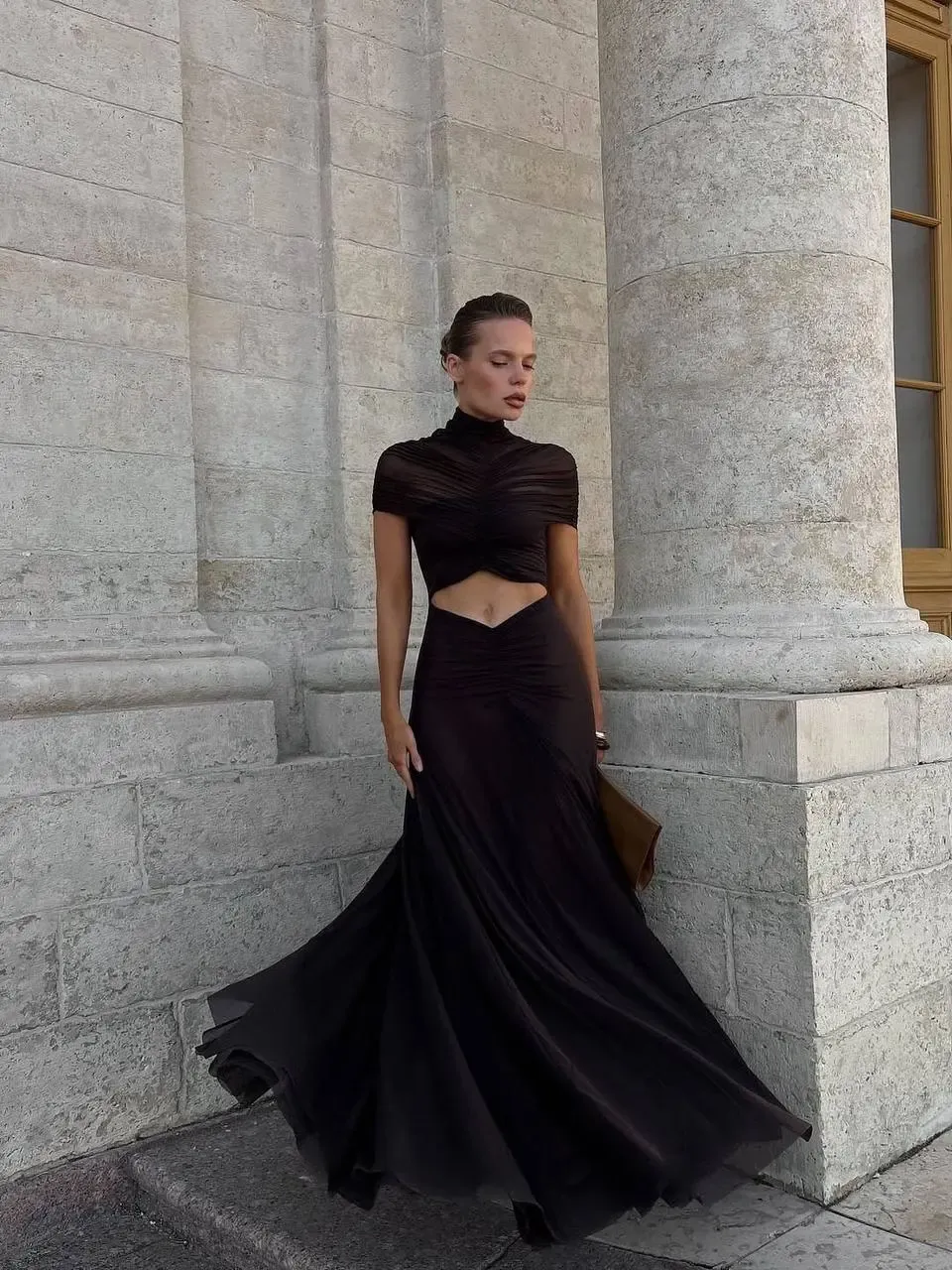 Likralı Tül Kumaş Astarlı Drape Detay Maxi Boy Elbise