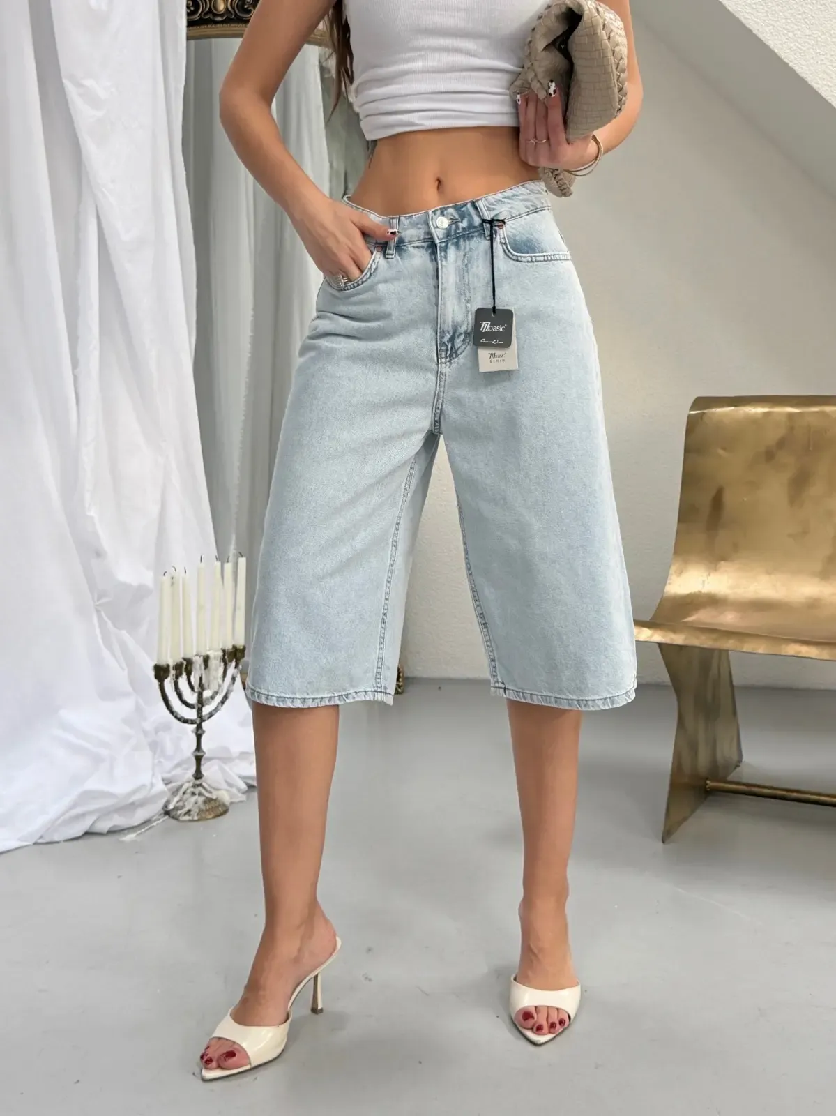 Likrasız Bermuda Jean Şort