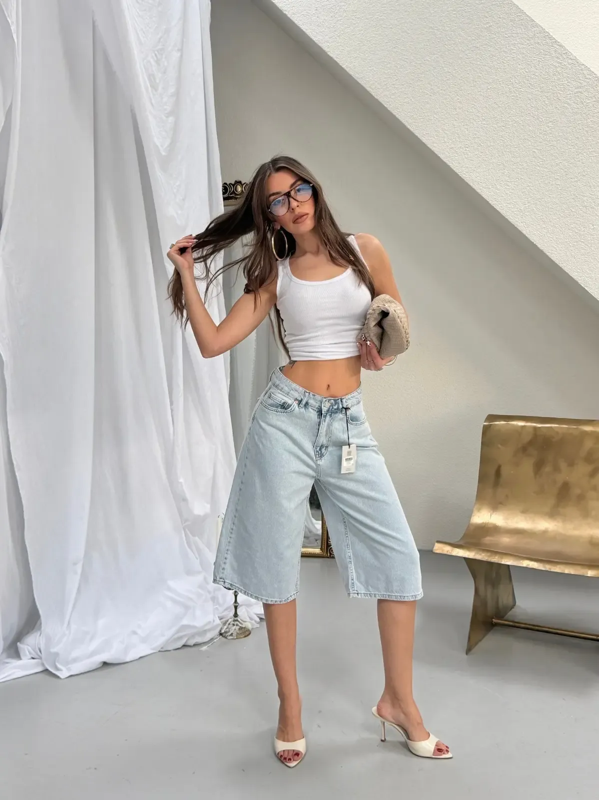 Likrasız Bermuda Jean Şort